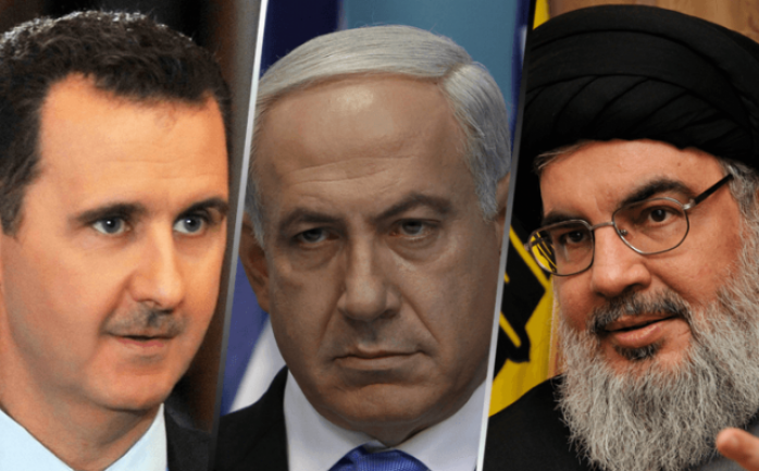 الأمين العام لحزب الله حسن نصرالله، ورئيس وزراء الاحتلال نتنياهو والرئيس السوري بشار الأسد