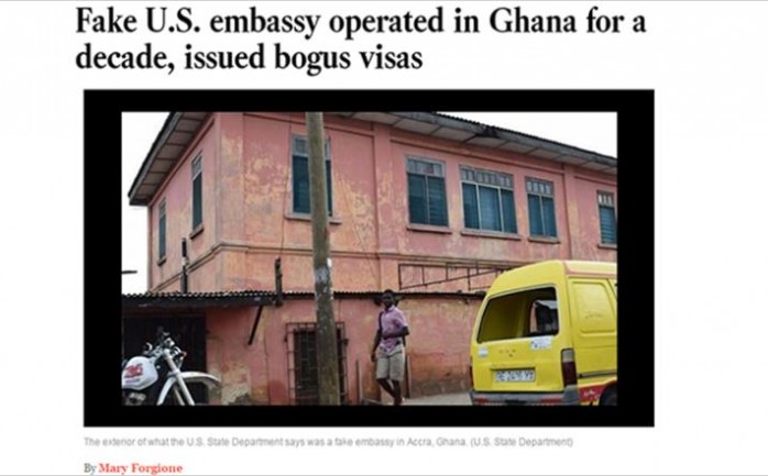 قالت الولايات المتحدة إنه تم غلق سفارة مزيفة لها في غانا ظلت تعمل مدة عشر سنوات من قبل شبكة إجرامية، وكانت خلال هذه الفترة تصدر تأشيرات ووثائق سفر مزورة مقابل مبالغ مالية كبيرة.


