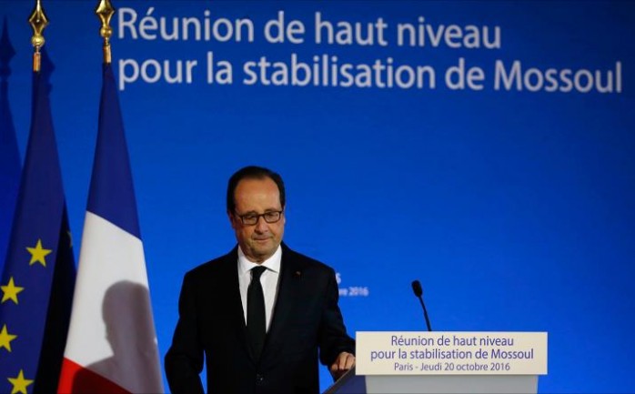 دعا الرئيس الفرنسي فرانسوا هولاند في مستهل اجتماع دولي بباريس إلى منع مقاتلي تنظيم الدولة الإسلامية من الفرار من مدينة الموصل (شمال العراق) إلى سوريا، بينما قال رئيس الوزراء العراقي حيدر العب